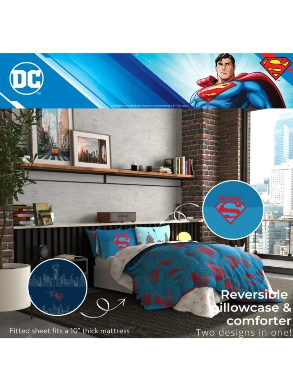 Superman 7-Piece Full Size Bed Set With Reversible Comforter & Pillowcases - DC